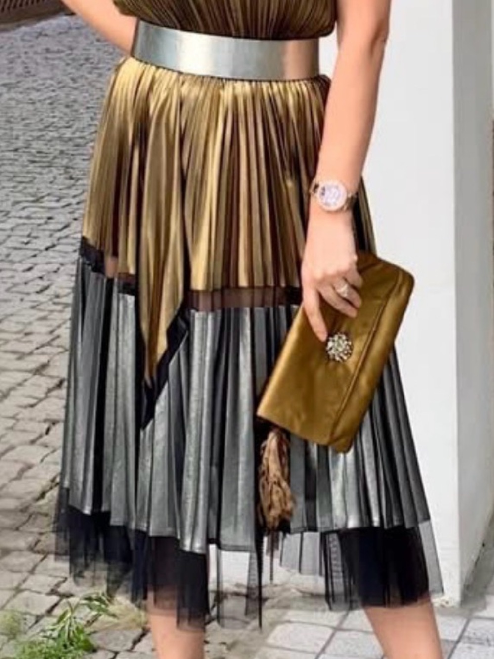 BCBGMaxAzria Metallic Gold and Silver Pleated Midi Dress - Picture 13 of 16